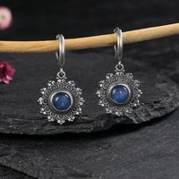 Silver Plated Snowflake Natural Kyanite Earrings for Women Round 6MM Blue Stone Vintage Jewelry Party Anniversary Gifts