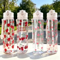 700ML White Water Bottle All Over Printed Cartoon Strawberry Bow Cherry Flower,Leakproof Reusable Stylish Cup for Sports