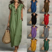 Women's Dress Summer Ruffle V-Neck Dress Elegant Butterfly Sleeve Bohemian Sleeveless Dress Loose Pocket Boho Vacation Outwears