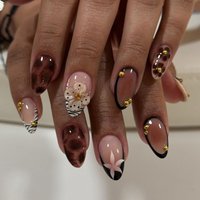 24Pcs French Zebra-Print Fake Nails 3D Floral Press on Nail Short Almond Full Coverage Nail for Women&Girl Acrylic Nail Art