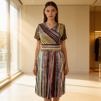 Miyake Pleated Dress Women's 2026 New Fashion Striped Print V-neck Short-sleeved Loose Large Size Elegant Mid-length Skirt