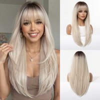 Long Platinum Blonde Synthetic Wig Layered Straight Dark Root Wig with Bangs Cosplay Party Wig for Women Heat Resistant Fiber
