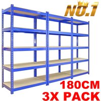 Set of 3x PACK Garage Shelving Unit 3 Bay 180x90x30 cm 200kg Per Shelf (1000kg Per Bay) - 3x Blue Storage Shelves - 5 Tier Shed Shelving Heavy Duty Steel Garage Shelves Shed Storage Racking Shelf For