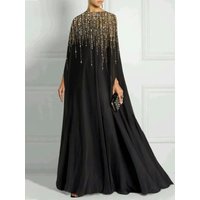 Women Black Rhinestone Maxi Dress Round Neck Cape Long Sleeve Loose Fit Elegant Evening Party Wedding Guest Formal Dresses