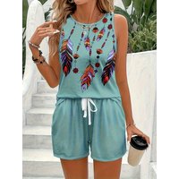 New European and American summer women's feather print casual fashion round neck short pants set