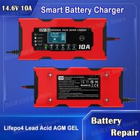 12V 10A Car Battery Charger For Lifepo4 Lead Acid AGM GEL PB Lithium Battery Car Charger Pulse Repair Smart Charger LCD Display