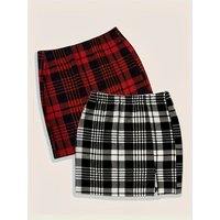 Plus Size Women's 2 Piece Plaid Skirt Set High Waist Bodycon Mini Skirts