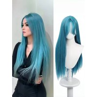 Blue Long Straight Synthetic Wig with Bangs, Natural Style Hair for Daily Wear, Cosplay and Parties