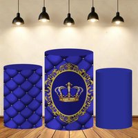 Blue Crown Cylinder Cover Backdrop Baby Shower Kids Birthday Cylinder Plinth Pedestal Cover Backgrounds Decor Custom Elastic