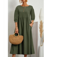 Women's Cotton Linen Dress Summer Fashion Vintage Loose Solid Lantern Sleeve Pocket Dresses O-Neck Long Femel Robe Ladies Wear