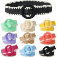 Women Fashion Belt Straw Woven Elastic Wide Strap with Matching Round Buckle