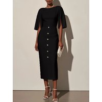 Women Round Neck Half Sleeve Button Front High Waist Bodycon Midi Dress Elegant Office Lady Business Work Sheath Dress