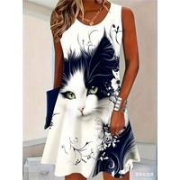 2026 New Fashion Cat Pattern Women Mini Dresses Summer Sleeveless 3D Printed Street Hip Hop Ladies Dress 3XL Plus Size Dress