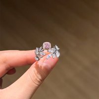 Pink gemstone cherry blossom branch flower and leaf ring exquisite and high-quality sparkling ring diamond inlay wedding jewelry
