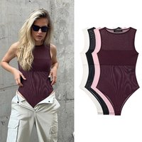Womens Sexy Bodysuit Summer New Female Chic Mesh Patchwork Metallic Shiny O-Neck Sleeveless Jumpsuit Lady Beach Holiday Bodysuit