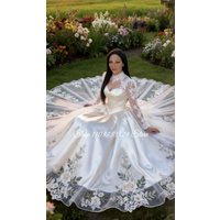 Customized Pure White Satin Lace Ball Gown Floral Print Romantic Bridal Gown Engagement Dress Bridesmaid Dress Formal Prom Dress