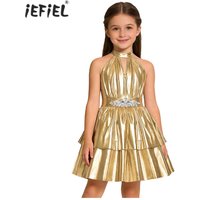 Kids Girls Metallic Shiny Party Dress Halter Backless Sleeveless Rhinestone Tiered Hem A-line Dress Birthday Pageant Ball Gown