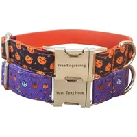 Personalized Dog Collar with Free Engraving, Matching Pet Leash,Customzied Contacts Buckle,Orange Purple Pumpkins Pet Collar