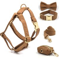 Brown Corduroy Dog Harness and Leash Set Luxury Designer Personalized Collar for Small Large Dogs Walking Lead Set with Poop Bag