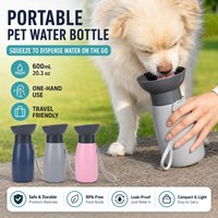 Portable Dog Water Bottle 600mL, Squeeze Pet Travel Cup with Wide Rigid Bowl, Drain Back Lock for Outdoor Walking Trips Use