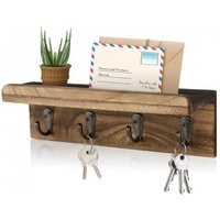 Rustic Wood Key Holder For Wall Farmhouse Wall Shelf Wall Mounted Home Decor Wall Floating Shelf with 4 Hooks