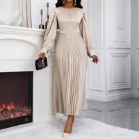 Pleated Dress Women Lantern Sleeves Long Dresses Round Collar Tight Waist A Line Spring 2026 Vestidos Office Lady Maxi Gown