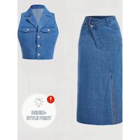 Denim Style Sleeveless Vest And Midi Skirt Set Casual Two Pieces Outfit For Women