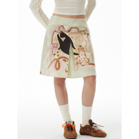 Women's Cat Print Pleated A-line Skirt High Waist Casual Summer Mini Skirt