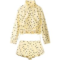 HH Womens Yellow Polka Dot 2 Piece Set Cropped Drawstring Jacket Balloon Shorts City Date Fashion Party Casual Vacation Suit