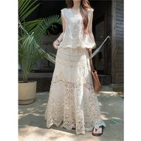 Vacation Style Two-Piece Set Beige Elegance Tassel Vest Women's High Waist Slim Hook Lace Hollow out Half Skirt Ensemble
