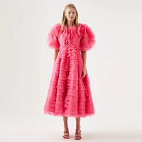 Short Sleeves Chic Tiered Flowers Pink Prom Gown Cute Women Tiered Organza Formal Dress Party Dresses Tea Length Event Dress