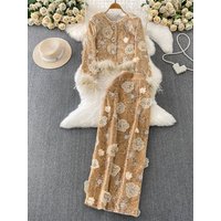 Elegant Velvet Jacket And Long Skirt Set with Furry Patchwork And Sequin Show Pearl Heavy Embellishment Fashionable Winter Ou...