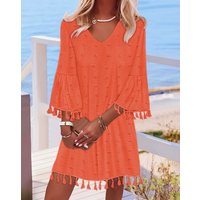 V Neck Loose Tassel Dress with Flared Sleeves for Summer Beach Vacation