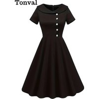 Tonval Peter-Pan Collar Buttons Black Solid Dress 50s Pinup Vintage Women 2024 Short Sleeve Summer Rockabilly Swing Dresses