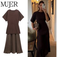 MUJER Pleated Knitted Long Dresses for Women Short Sleeve Maxi Dress Woman Vintage Party Womens Dresses Patchwork Women's Dress