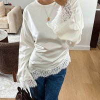 Linad Elegant White Lace Flare Sleeve Woman Blouse 2026 Vintage Satin Asymmetrical Shirts Female Casual O Neck Pullover Tops