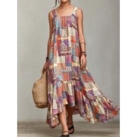 Boho Vintage Patchwork Pattern Sleeveless U Neck High Low Hem Loose Vacation Dress For Women