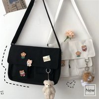 Japanese Harajuku Cute Retro Girl Shoulder Bag Chic Badge Canvas Crossbody School Bags Student Solid Color Messenger Bag Satchel