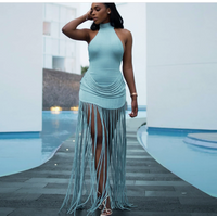 Halter Turtleneck Dress Women Velvet Ruched Patchwork Tassel Hem Elegant Sexy Backless Valentine's Day Party Bodycon