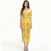 New Runway Fashion Summer Yellow Lace Bodycon Party Dress Women V Neck Ruffles Hollow Out Diamonds Buttons Belt Long Vestidos