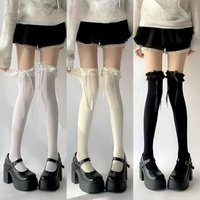Women JK Girl Sweet Thigh High Stockings Lolita Nylon OverKnee Cute Bowknot Hosiery White Thin Sheer Ruffle Edge Lace Long Socks
