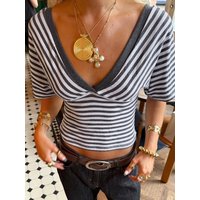Dulzura Women'S Sexy V-Neck Short Sleeve Slim Striped T-Shirt Causal Versatile Y2K Top Party Vacation Street Style Summer Outfit