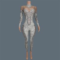White Printing Rhinestone Tight Fitting Jumpsuit Women Night Club Dance Stage Performance Wear Event gig Sexy Jumpsuit Baituteng