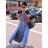 Trendy Fashion Women's Metal Buckle Waist Hollow Out Denim Dress 2024 Spring Lapel Sleeveless Split Dresses Female