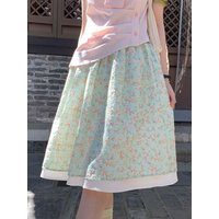 Floral Sweet Midi Skirt Women Summer Loose Fashion Preppy Style Cute Skirts Chic High Waist Lady Elegant All Match A Line Skirt
