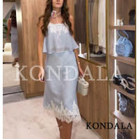 KONDALA Casual Chic Lace Skirt Set Women Holidays Summer Sky Blue Camisole,Midi Skirt 2026 Trendy Beach Leisure Street Skirt Set