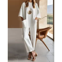 Womens Loose Jumpsuit Pockets Round Neck Straight Pant Minimalist White Streetwear Playsuits Office Lady Rompers One Piece Sets