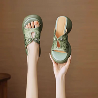 New Chinese Style Platform Mules for Women, Retro Jacquard Knot-Button Slide Sandals, Elevated Wedge Outdoor Slippers