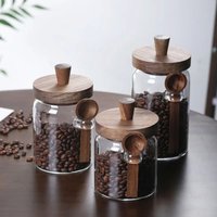 Moisture-proof Coffee Bean Storage Jar with Wooden Lid With Wood Spoon Glass Sealed Containers Top Handle Wide mouth design