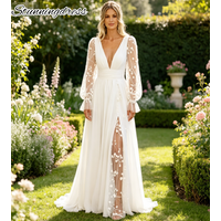 Beach Civil Bohemian Wedding Dress Elopement Sheer Lace Long Sleeve Boho Bridal Gowns 3D Floral Chiffon Beach Country Bodas